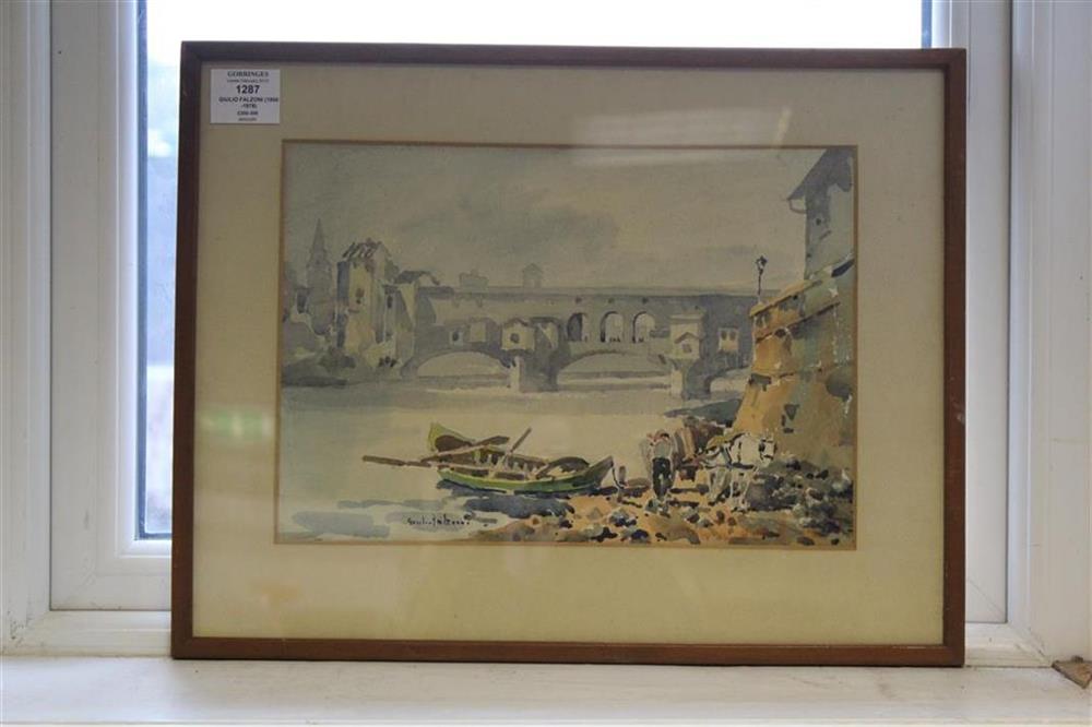 Giulio Falzoni (1900-1978), watercolour, View of the bridge at Florence, signed, 23 x 33cm